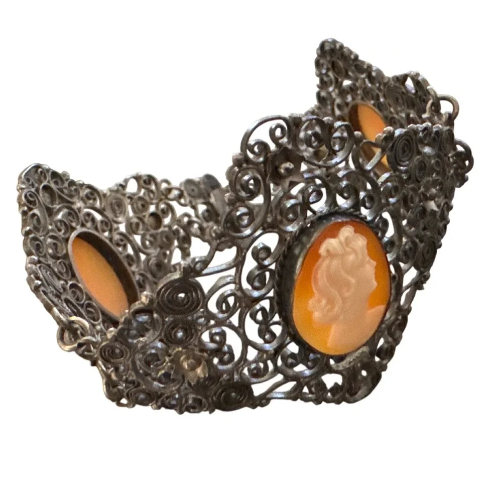 Antique 800 Silver Filigree‎ Hand Carved Cameo Bracelet